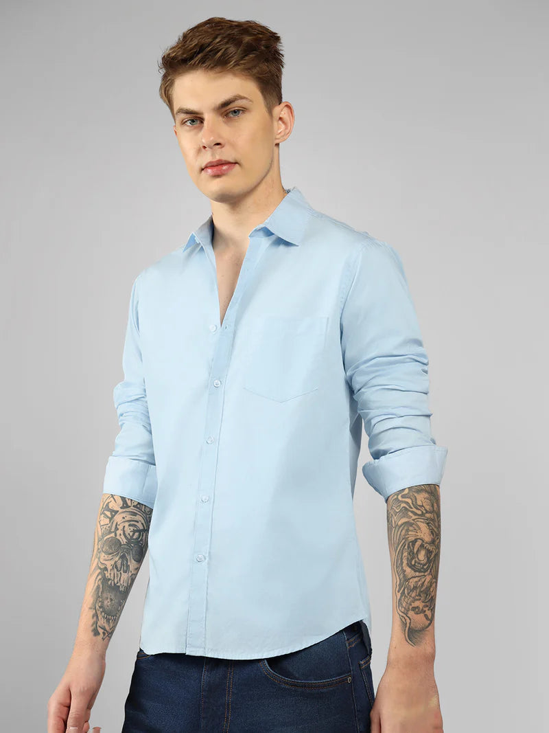 Men’s Cotton Skyblue Slim Fit Solid Casual Shirt – MADOXX