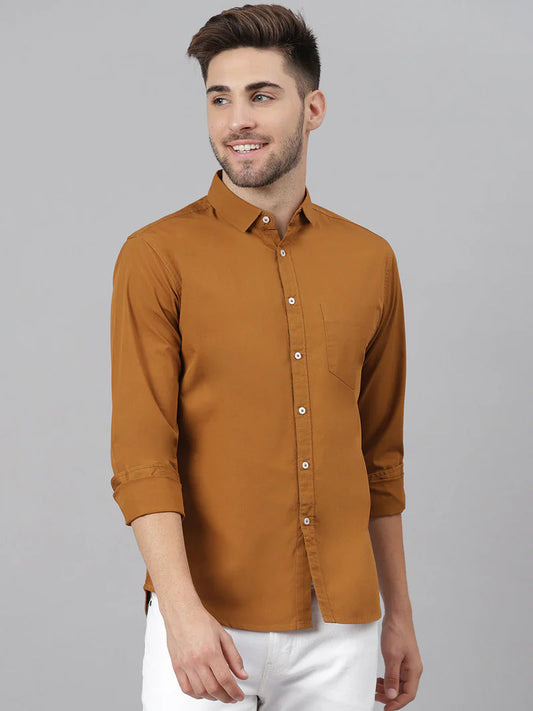 Men’s Cotton Brown Slim Fit Solid Casual Shirt – MADOXX