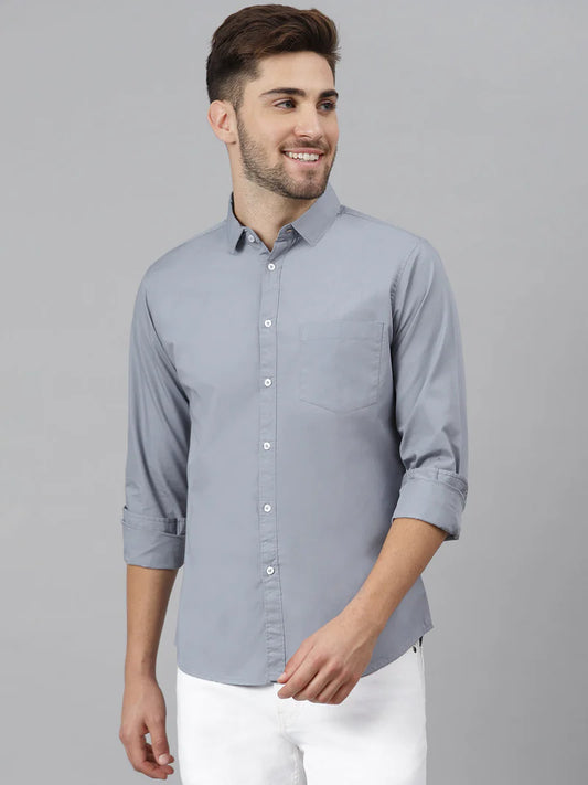 Men’s Cotton Sea Blue Slim Fit Solid Casual Shirt – MADOXX