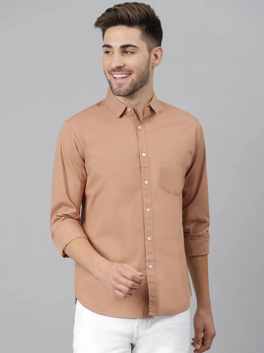 Men’s Cotton Camel Brown Slim Fit Solid Casual Shirt – MADOXX