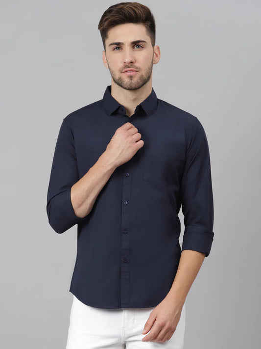 Men’s Cotton Navyblue Slim Fit Solid Casual Shirt – MADOXX