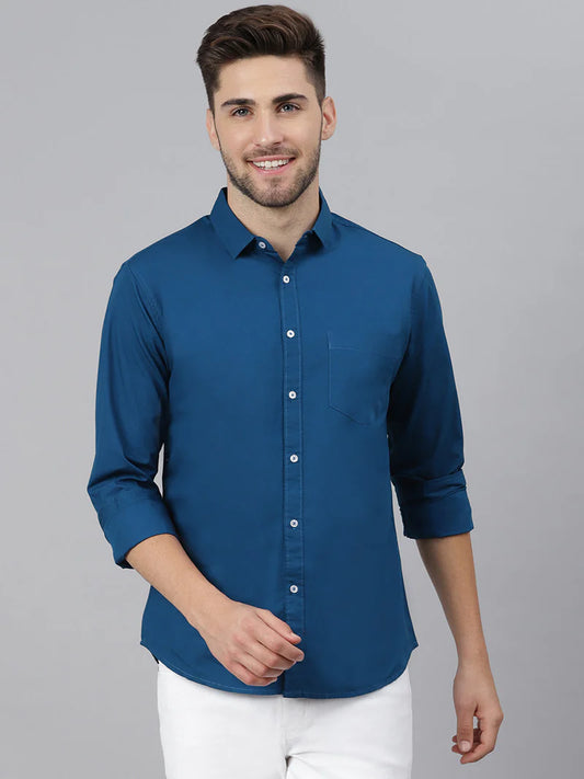 Men’s Cotton PetrolBlue Slim Fit Solid Casual Shirt – MADOXX