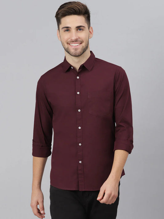 Men’s Cotton Burgundy Slim Fit Solid Casual Shirt – MADOXX