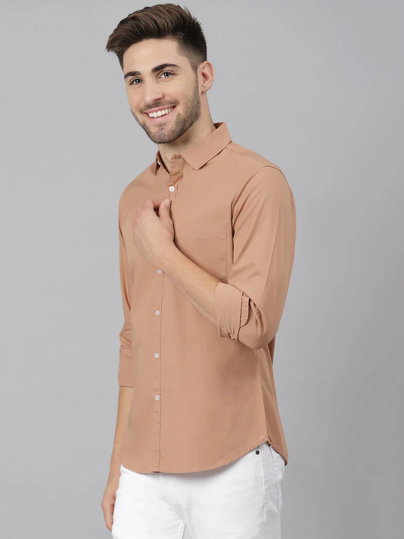Men’s Cotton Camel Brown Slim Fit Solid Casual Shirt – MADOXX