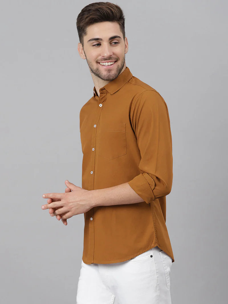 Men’s Cotton Brown Slim Fit Solid Casual Shirt – MADOXX