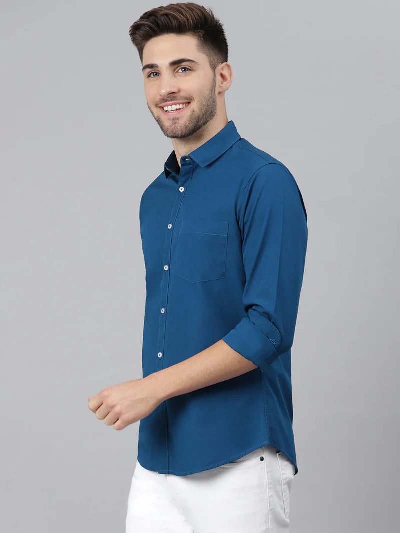 Men’s Cotton PetrolBlue Slim Fit Solid Casual Shirt – MADOXX