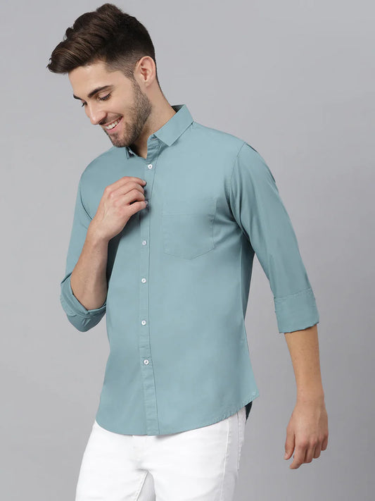Men’s Cotton Dustyteal Slim Fit Solid Casual Shirt – MADOXX