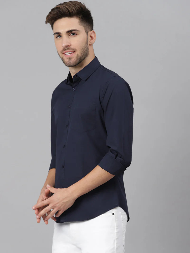 Men’s Cotton Navyblue Slim Fit Solid Casual Shirt – MADOXX
