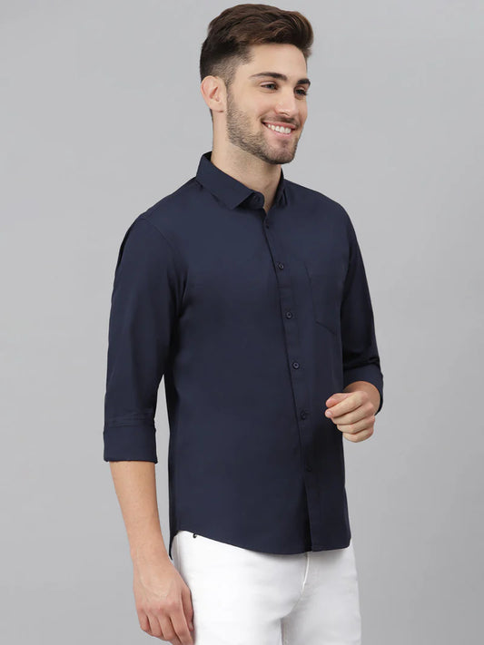 Men’s Cotton Navyblue Slim Fit Solid Casual Shirt – MADOXX