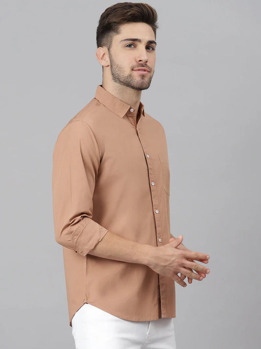 Men’s Cotton Camel Brown Slim Fit Solid Casual Shirt – MADOXX