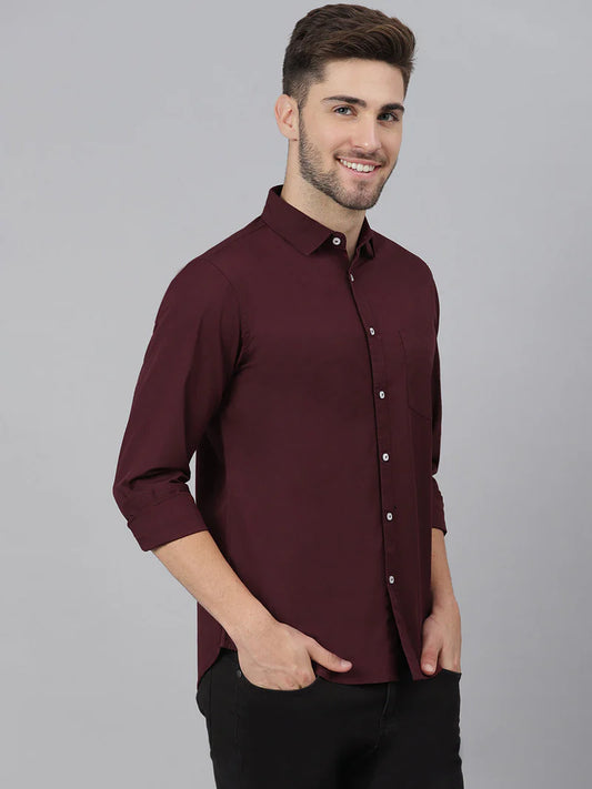 Men’s Cotton Burgundy Slim Fit Solid Casual Shirt – MADOXX