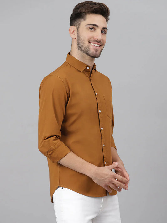 Men’s Cotton Brown Slim Fit Solid Casual Shirt – MADOXX