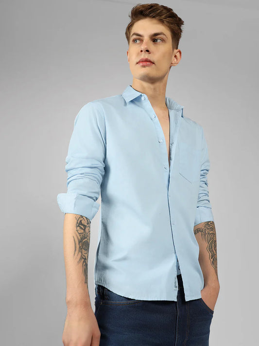 Men’s Cotton Skyblue Slim Fit Solid Casual Shirt – MADOXX