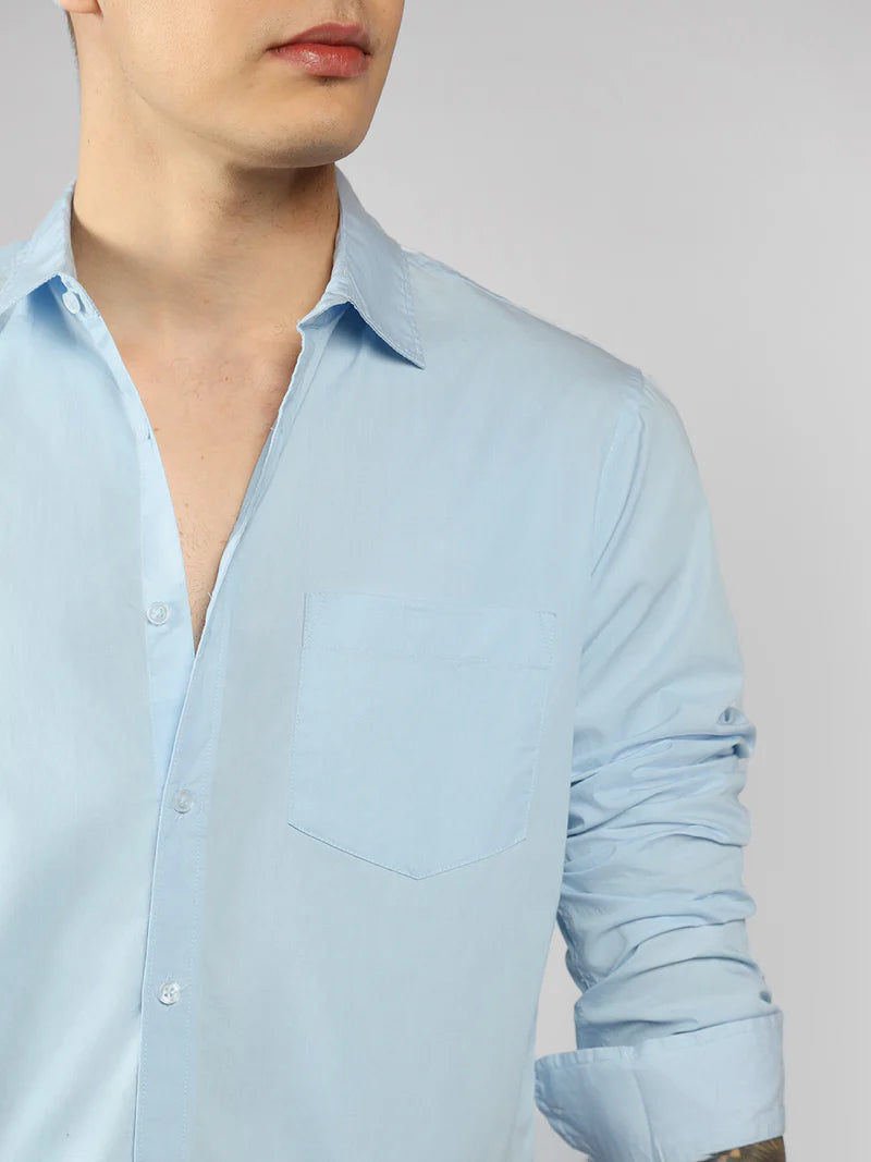 Men’s Cotton Skyblue Slim Fit Solid Casual Shirt – MADOXX
