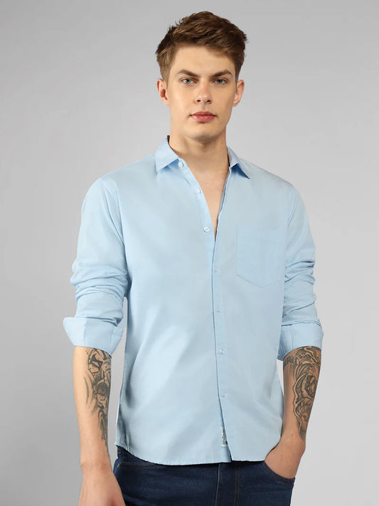 Men’s Cotton Skyblue Slim Fit Solid Casual Shirt – MADOXX