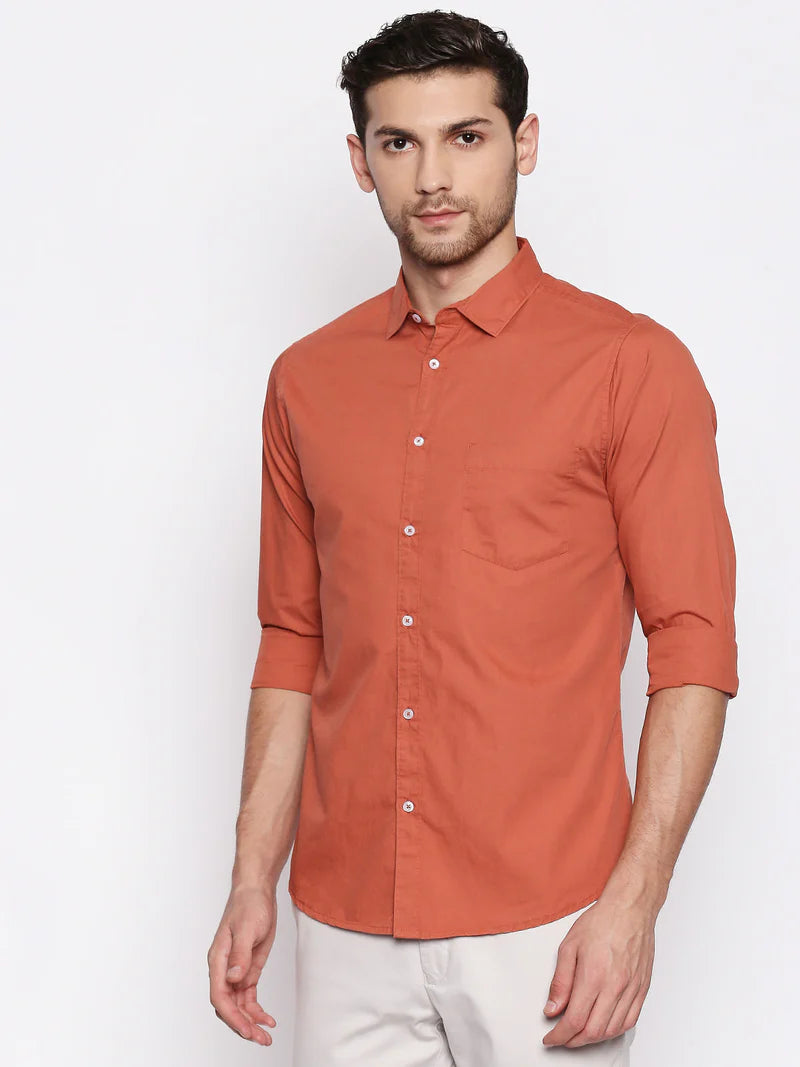 Men’s Cotton Dusty Orange Slim Fit Solid Casual Shirt – MADOXX