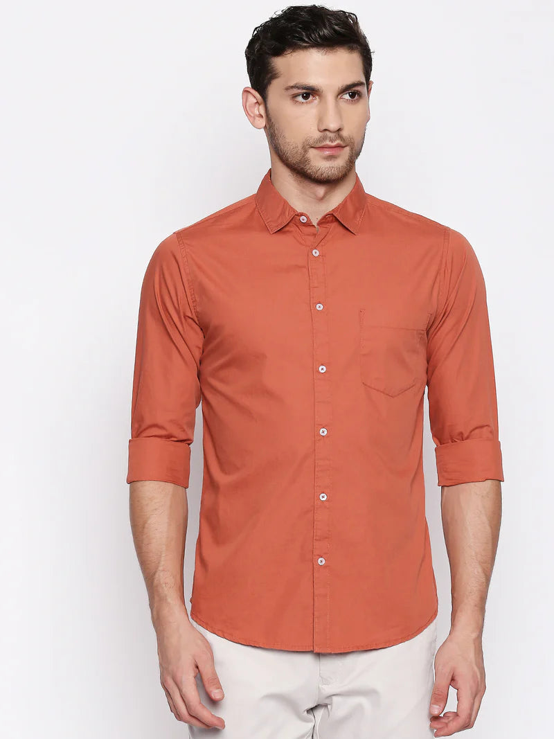 Men’s Cotton Dusty Orange Slim Fit Solid Casual Shirt – MADOXX
