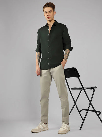 Men’s Cotton Green Slim Fit Solid Casual Shirt – MADOXX