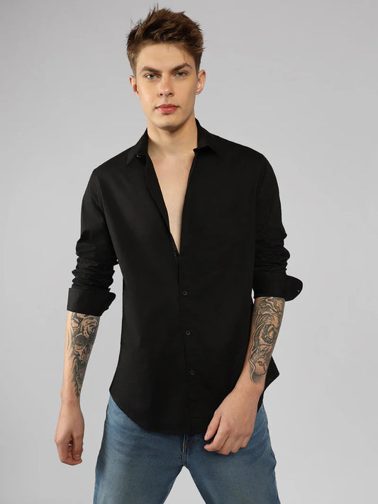 Men’s Cotton Black Slim Fit Solid Casual Shirt – MADOXX