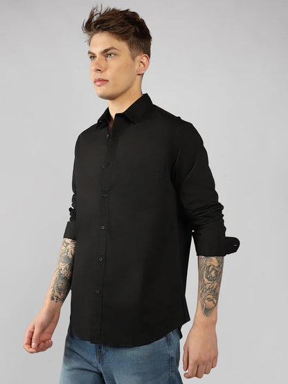 Men’s Cotton Black Slim Fit Solid Casual Shirt – MADOXX