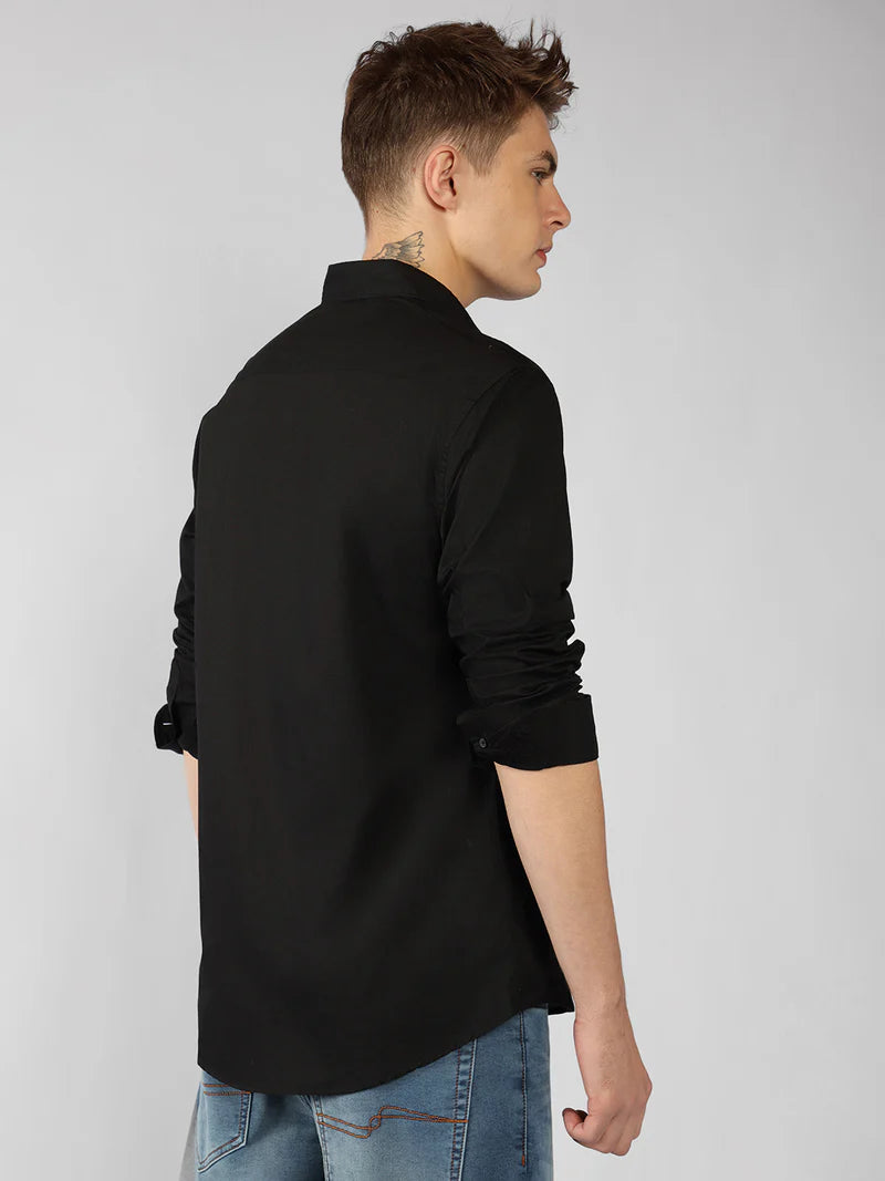 Men’s Cotton Black Slim Fit Solid Casual Shirt – MADOXX