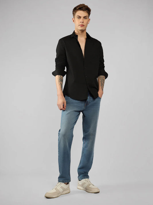 Men’s Cotton Black Slim Fit Solid Casual Shirt – MADOXX