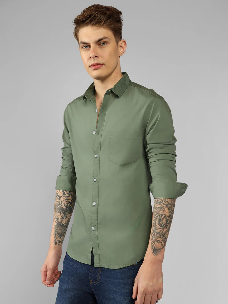 Men’s Cotton Dusty Green Slim Fit Solid Casual Shirt – MADOXX