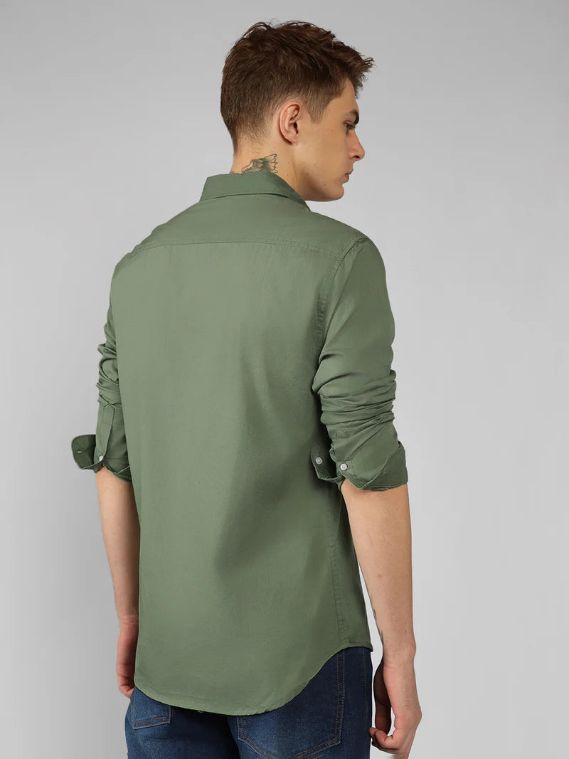 Men’s Cotton Dusty Green Slim Fit Solid Casual Shirt – MADOXX