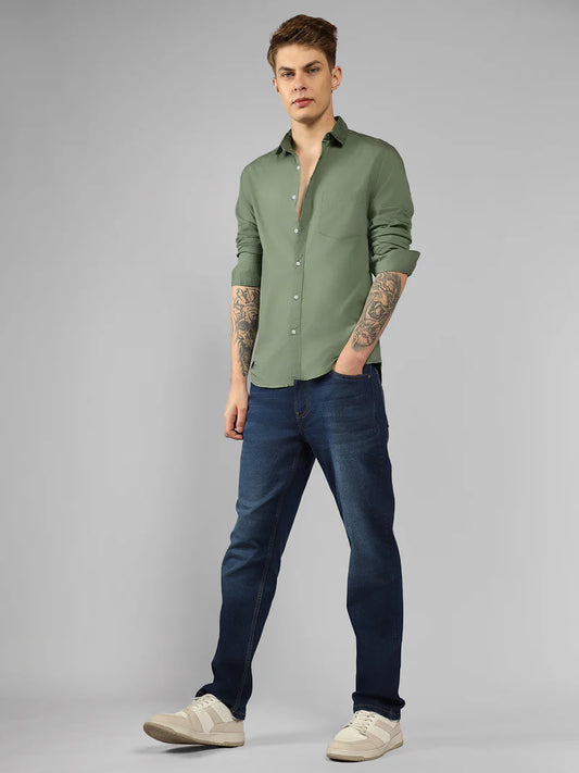 Men’s Cotton Dusty Green Slim Fit Solid Casual Shirt – MADOXX
