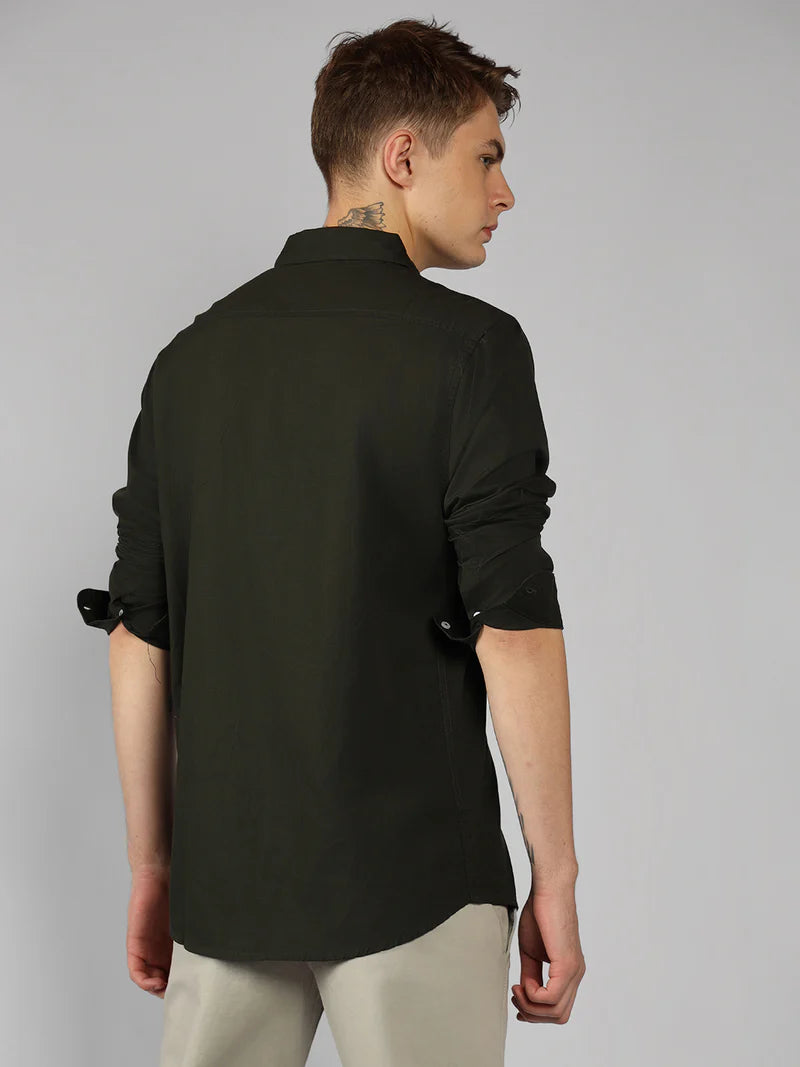 Men’s Cotton Olive Slim Fit Solid Casual Shirt – MADOXX