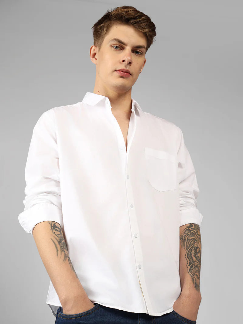 Men’s Cotton WHITE Slim Fit Solid Casual Shirt – MADOXX