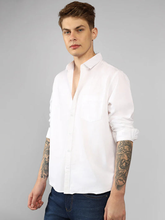 Men’s Cotton WHITE Slim Fit Solid Casual Shirt – MADOXX